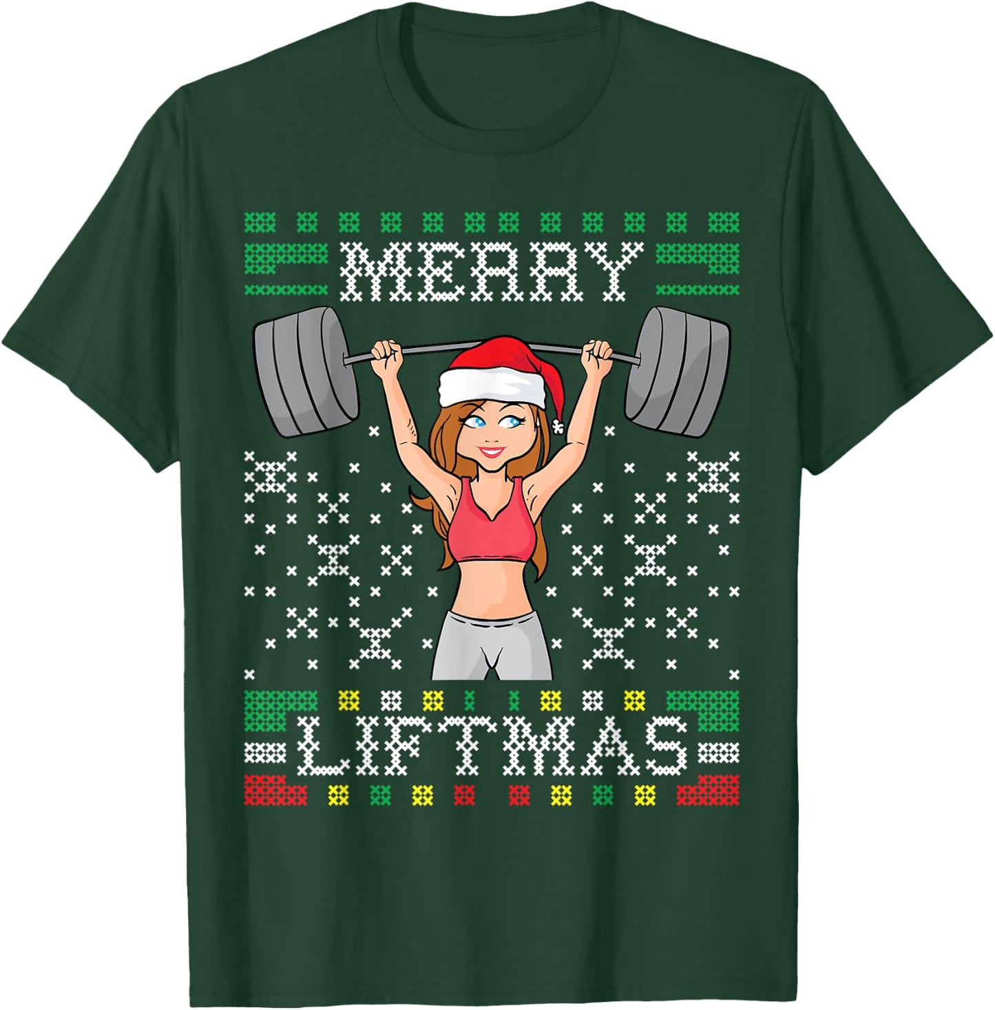 Merry Liftma's Ugly Christmas Sweater Miss Santa Gym Workout T-Shirt - T-Shirt | Forest