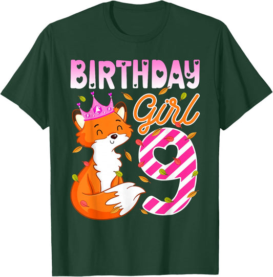 Fox Animal Lovers 9th Birthday Girl Fox B-day 9 year old T-Shirt - T-Shirt | Forest