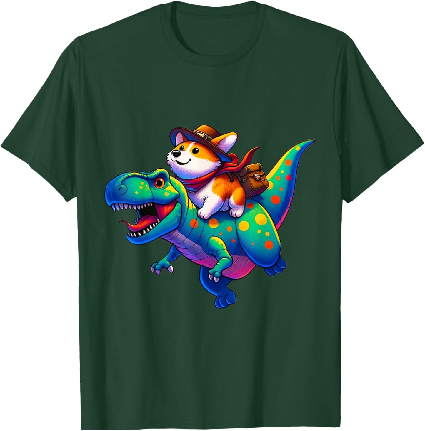 Corgi Riding Dinosaur T rex Boys Girls T-Shirt - T-Shirt | Forest