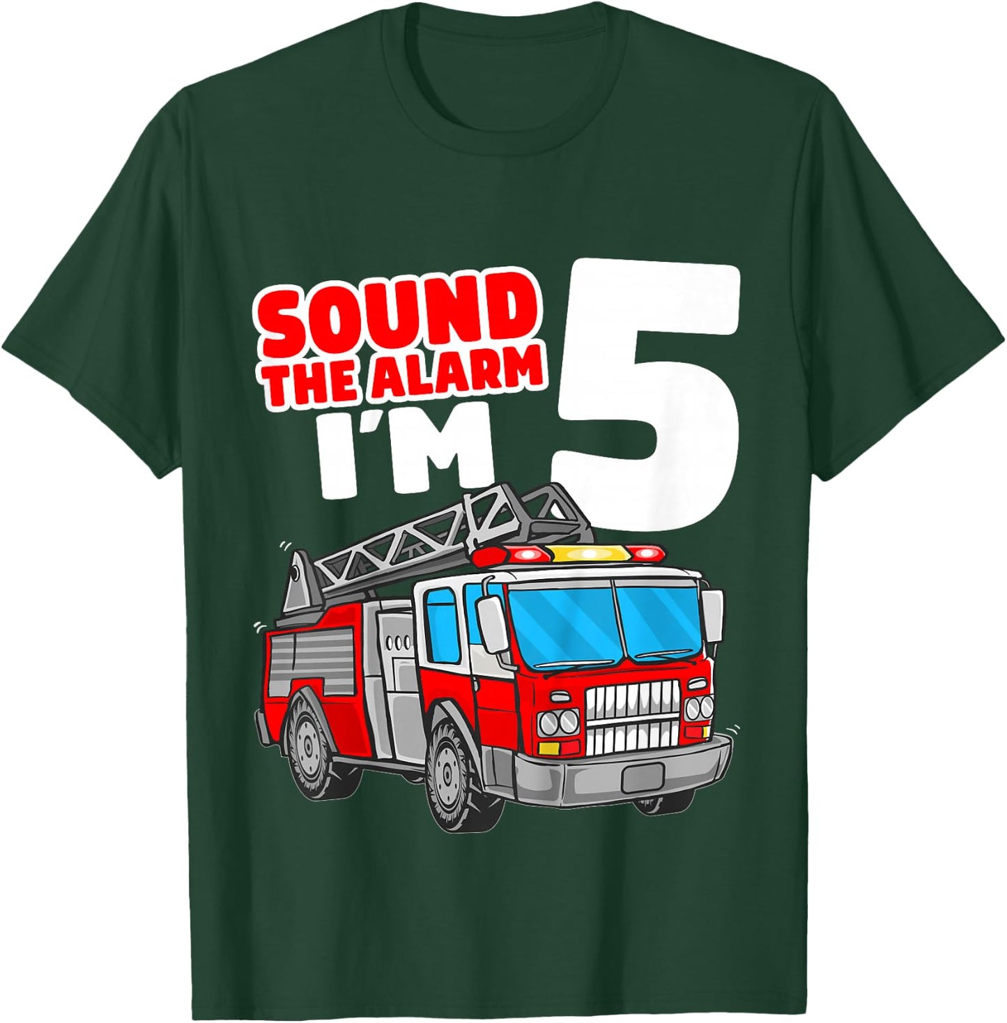 Kids Fire Truck 5 Year Old Firefighter Five 5th Birthday Boy T-Shirt - T-Shirt | Forest
