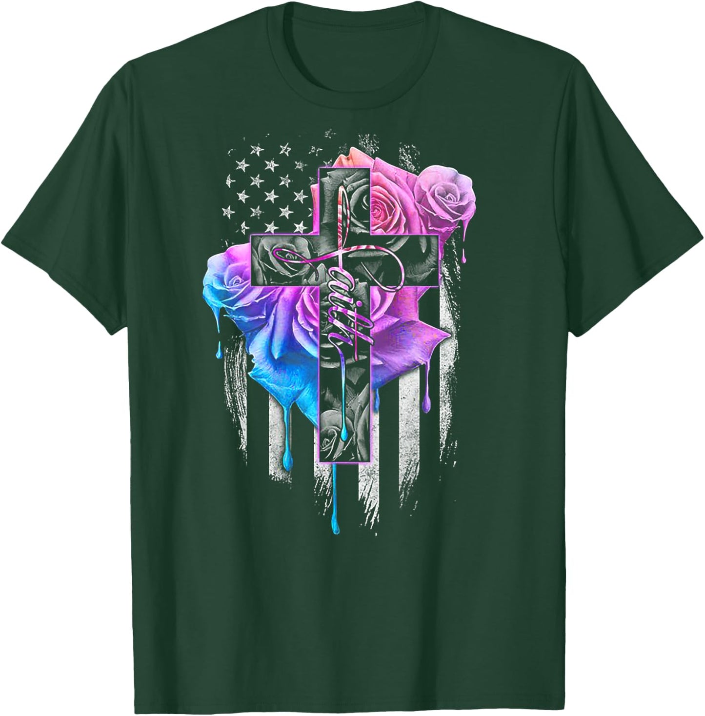 Faith Rose Watercolor Cross (on back) T-Shirt - T-Shirt | Forest