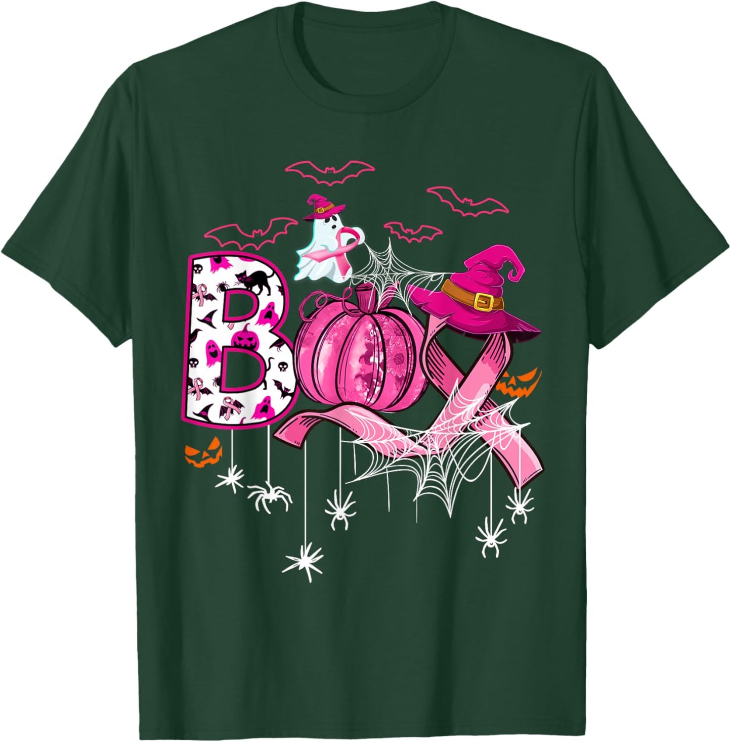 Boo Halloween Pumpkin Pink Ribbon Witch Breast Cancer T-Shirt - T-Shirt | Forest