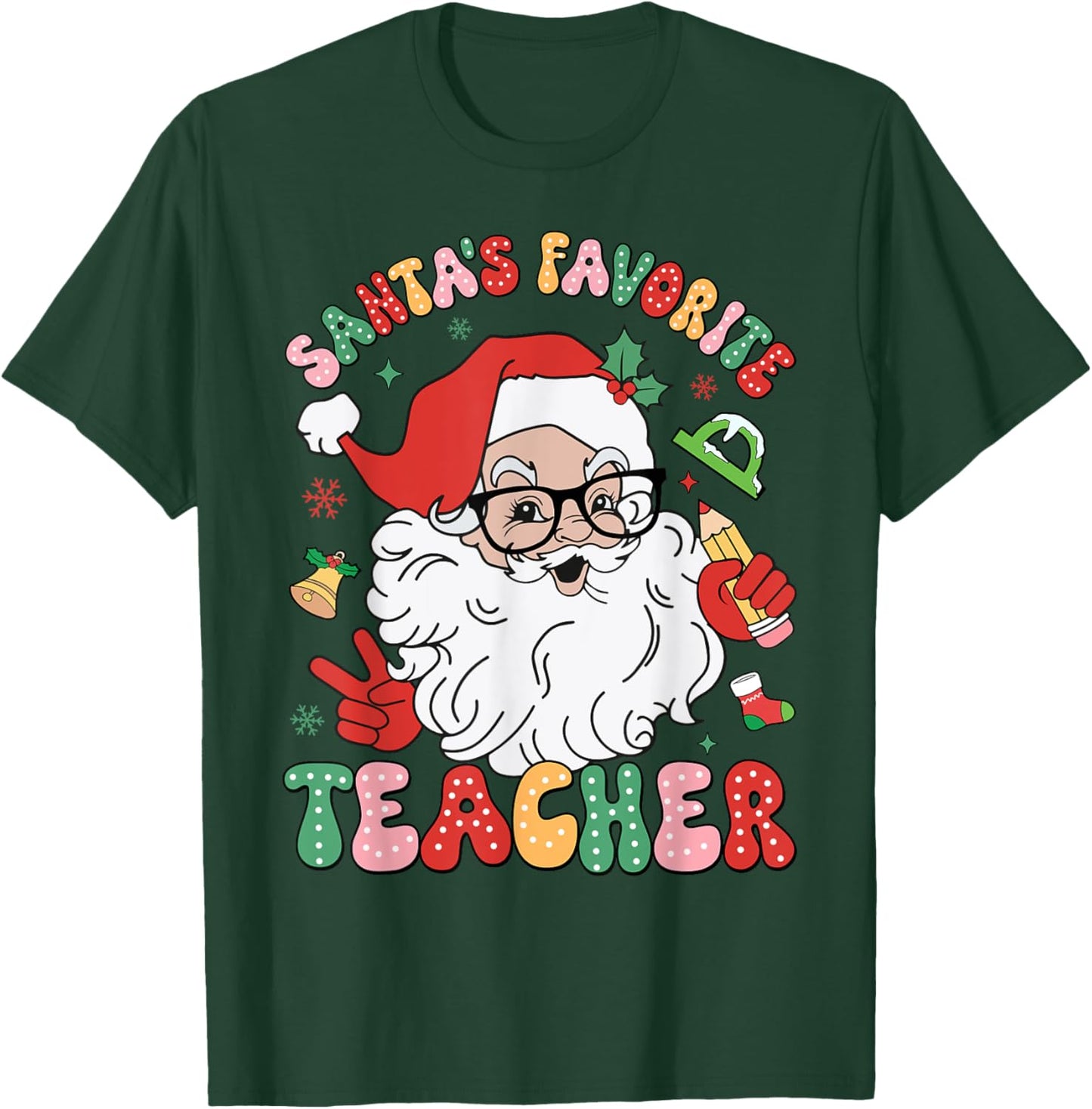 Santa Favorite Teacher Groovy Christmas Teacher Boys Girls T-Shirt - T-Shirt | Forest