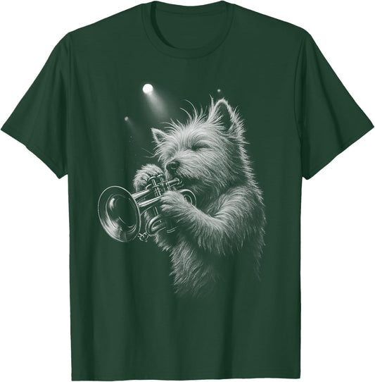 West Highland White Terrier Playing Trumpet Jazz Music Dog T-Shirt - T-Shirt | Forest