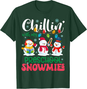 Chillin With My Preschool Snowmies Light Christmas Teacher T-Shirt - T-Shirt | Forest