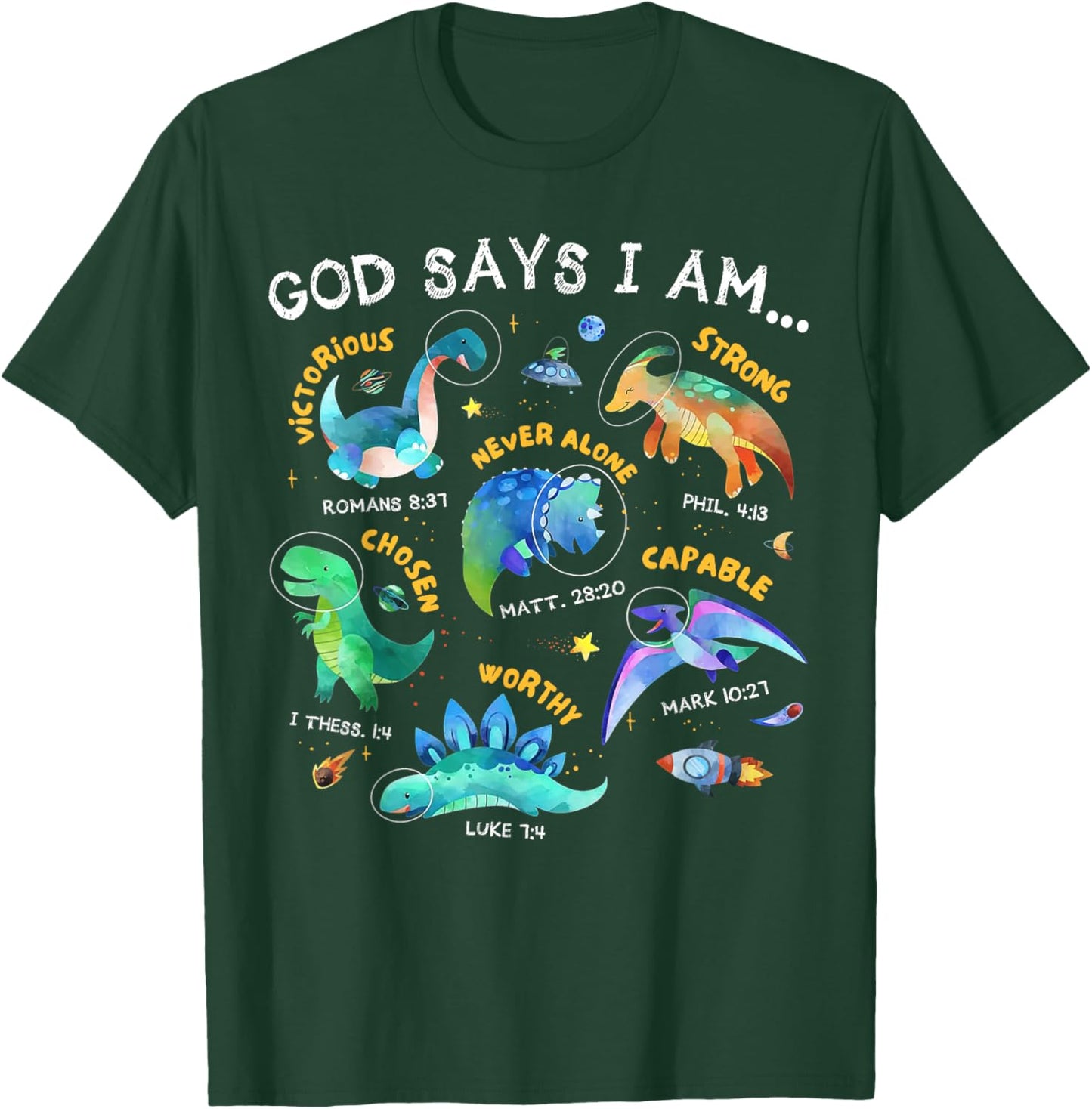 God Says I Am Outer Space Dinosaur Bible Christian Kids Boys T-Shirt - T-Shirt | Forest