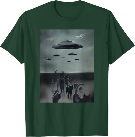Cats Invasion With Alien UFO Funny Cats Women Kid , Small, Black T-Shirt - T-Shirt | Forest