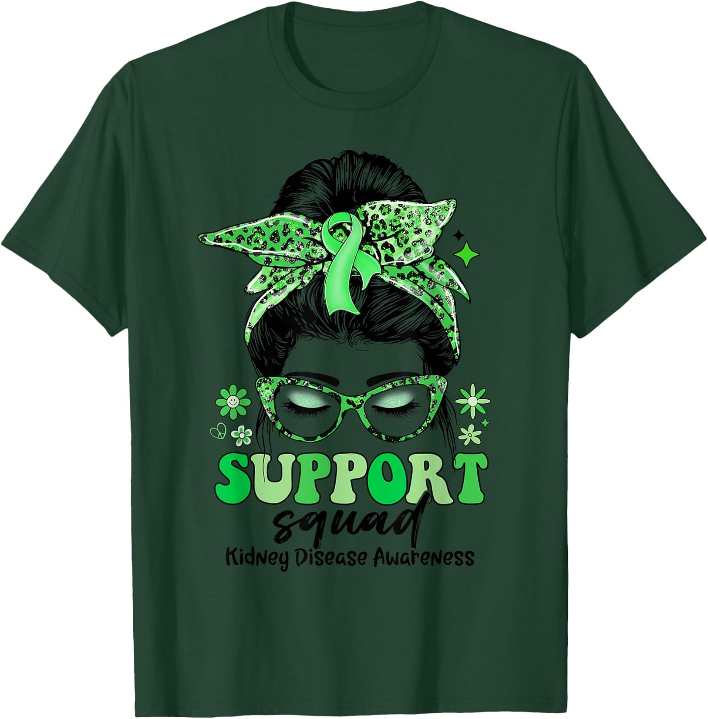 Groovy Support Squad Messy Bun Women Kidney Disease T-Shirt - T-Shirt | Forest