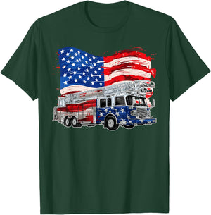 Retro Fire Truck Firefighter Fireman USA Flag 4th of July T-Shirt - T-Shirt | Forest