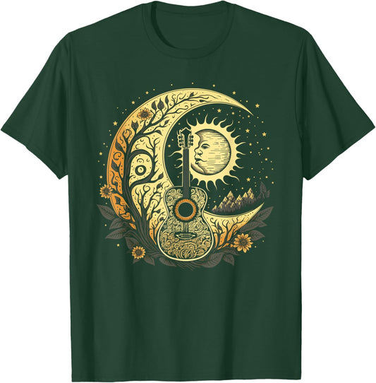 Cottagecore Acoustic Guitar With Moon Sun And Stars T-Shirt - T-Shirt | Forest