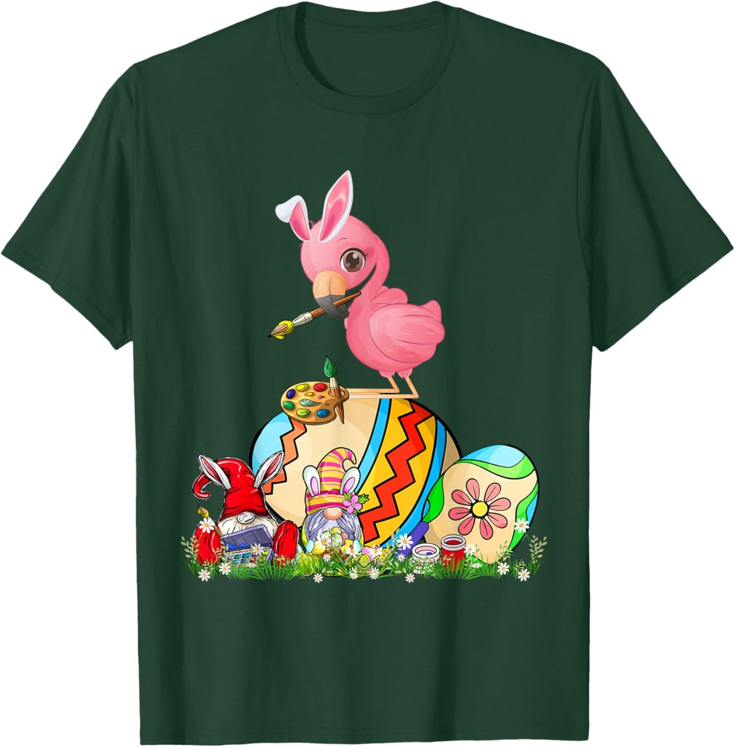 Easter Bunny Flamingo With Gnomes Painting Chocolate Eggs T-Shirt - T-Shirt | Forest