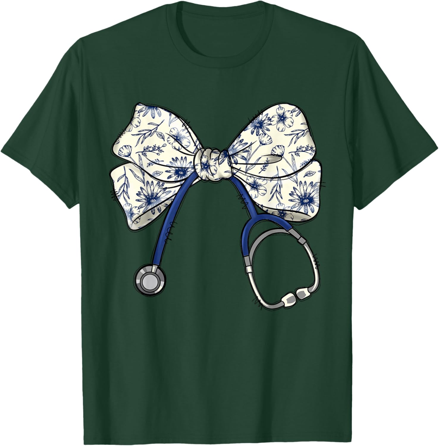 Floral Blue Coquette Bow Nurse Stethoscope Nursing Doctor T-Shirt - T-Shirt | Forest