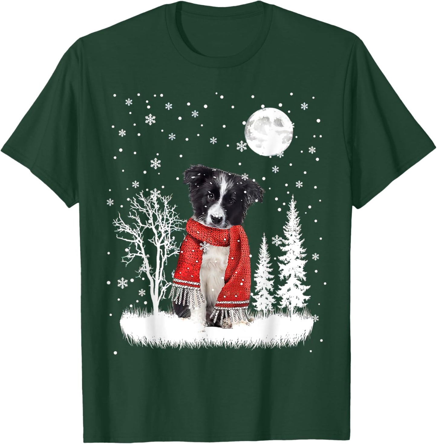 Border Collie Under Moonlight Snow Christmas Pajama T-Shirt - T-Shirt | Forest