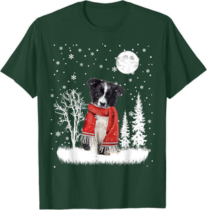 Border Collie Under Moonlight Snow Christmas Pajama T-Shirt - T-Shirt | Forest