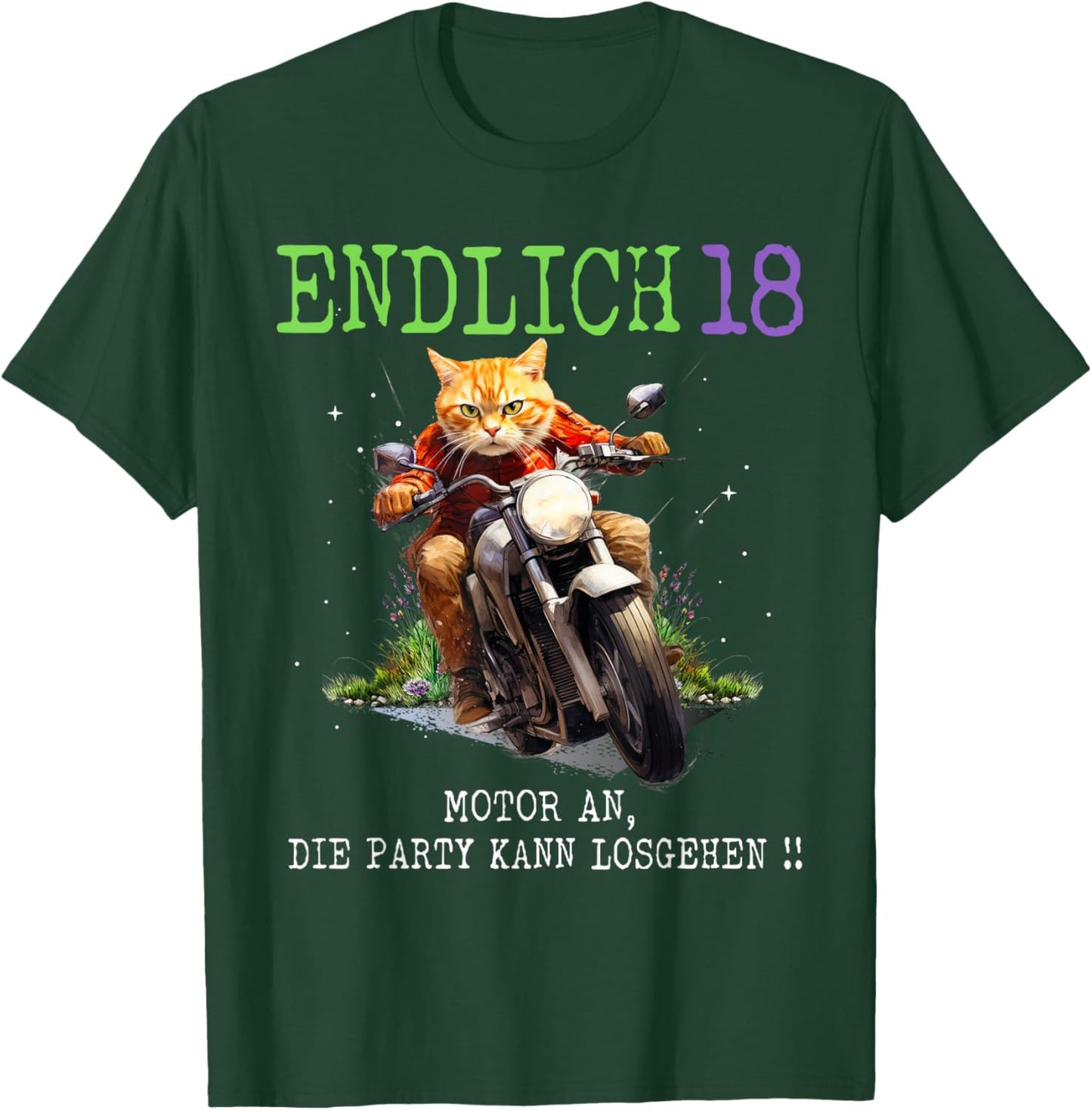 Endlich 18, Katze auf Motorrad, 18. Geburtstag T-Shirt - T-Shirt | Forest