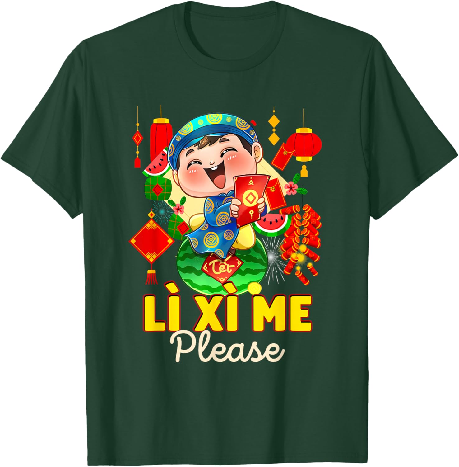 Happy Tet Chuc Mung Nam Moi 2025 Li Xi Me Please Kids Boys Black Modern Classic Cartoon Birthday T-Shirt - T-Shirt | Forest