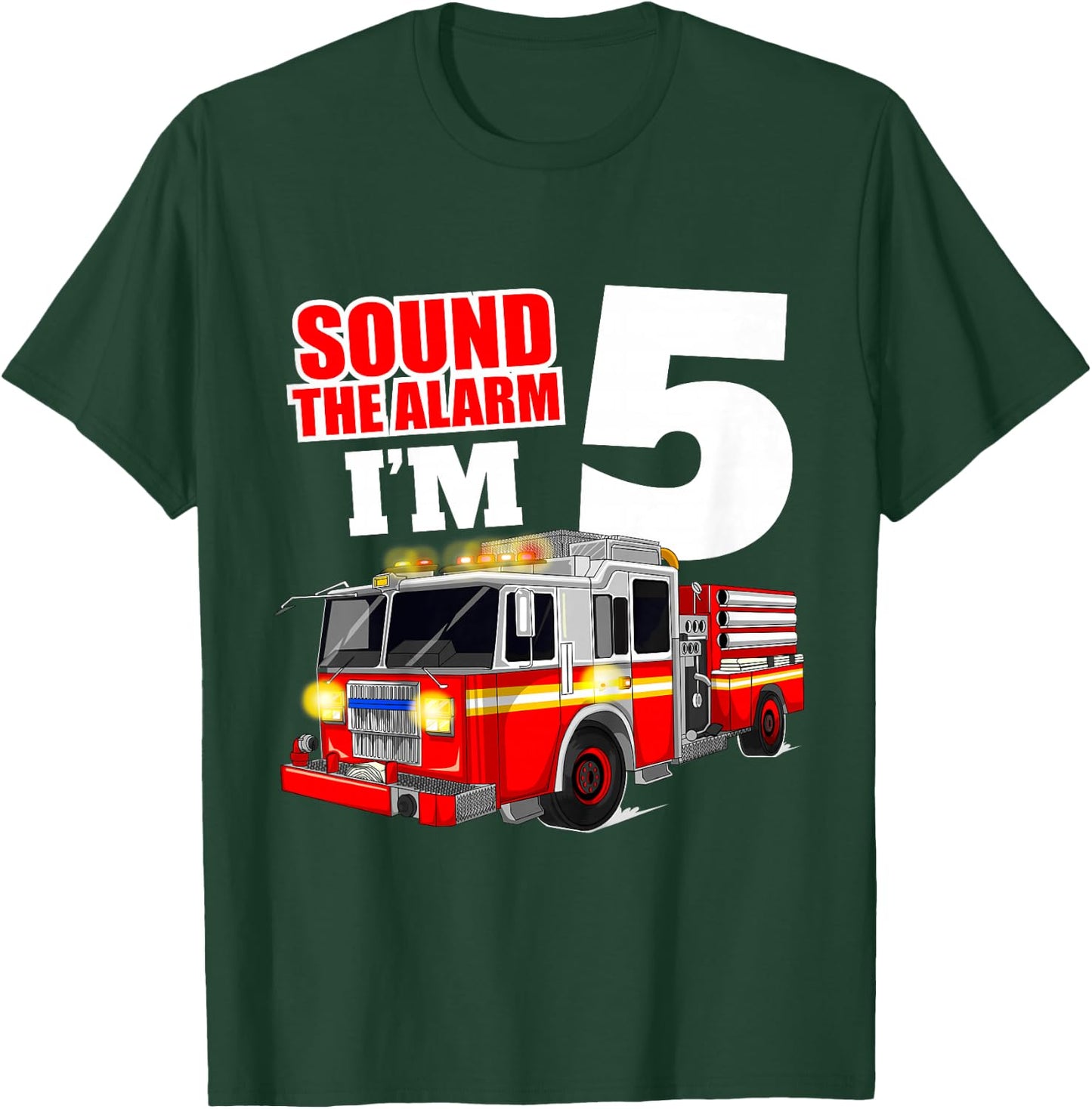 Kids Fire Truck 5th Birthday Boy Firefighter Five 5 Year Old T-Shirt - T-Shirt | Forest