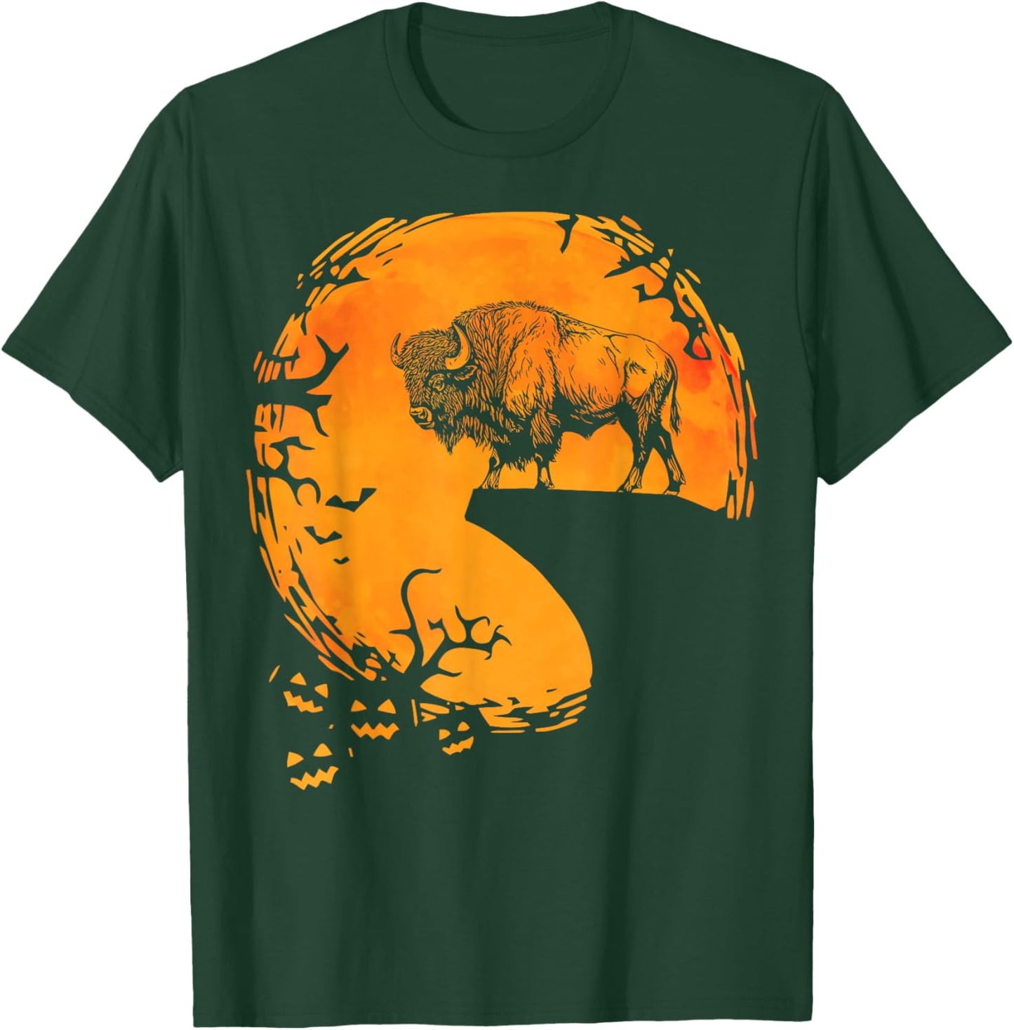 Funny Buffalo Halloween Moon Silhouette Spooky Bison Lover T-Shirt - T-Shirt | Forest