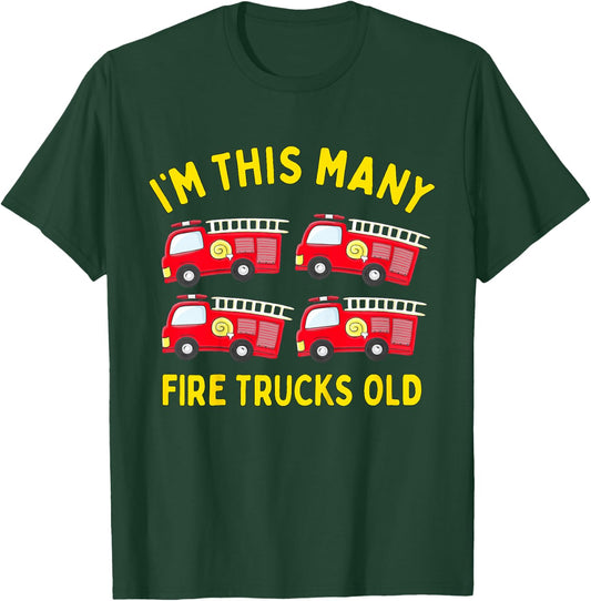 Kids Fire Truck 4th Birthday Boy Firefighter 4 Four T-Shirt - T-Shirt | Forest