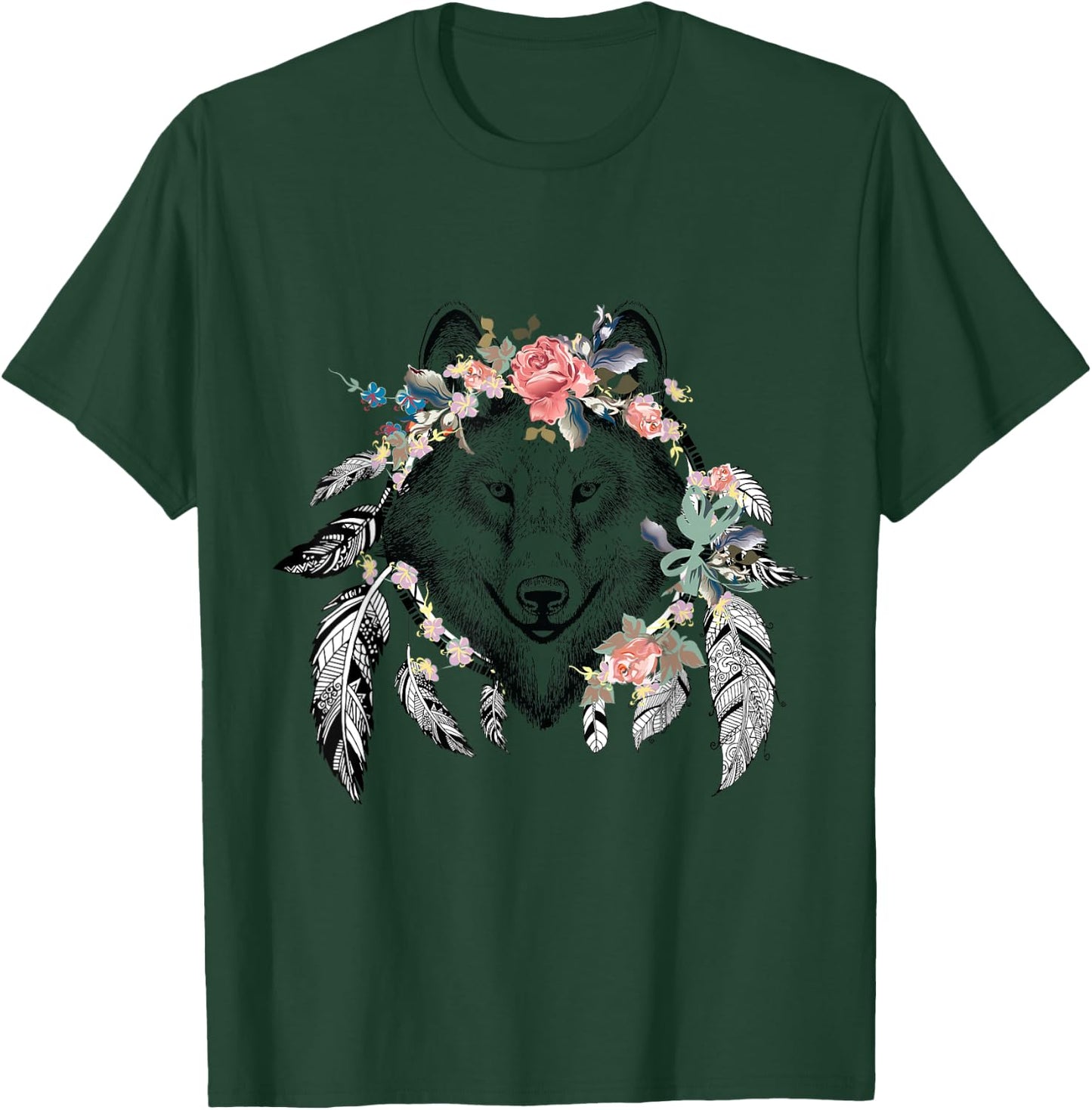 Ethnic Tribal Wolf Head Boho Feather Native American Hippie T-Shirt - T-Shirt | Forest