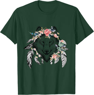 Ethnic Tribal Wolf Head Boho Feather Native American Hippie T-Shirt - T-Shirt | Forest