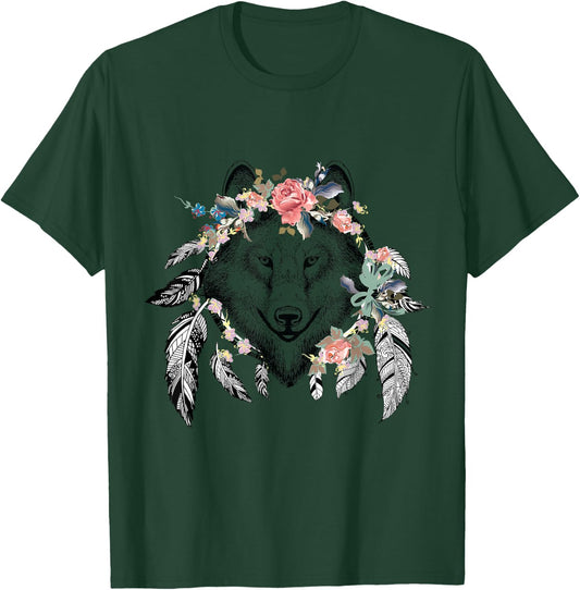 Ethnic Tribal Wolf Head Boho Feather Native American Hippie T-Shirt - T-Shirt | Forest