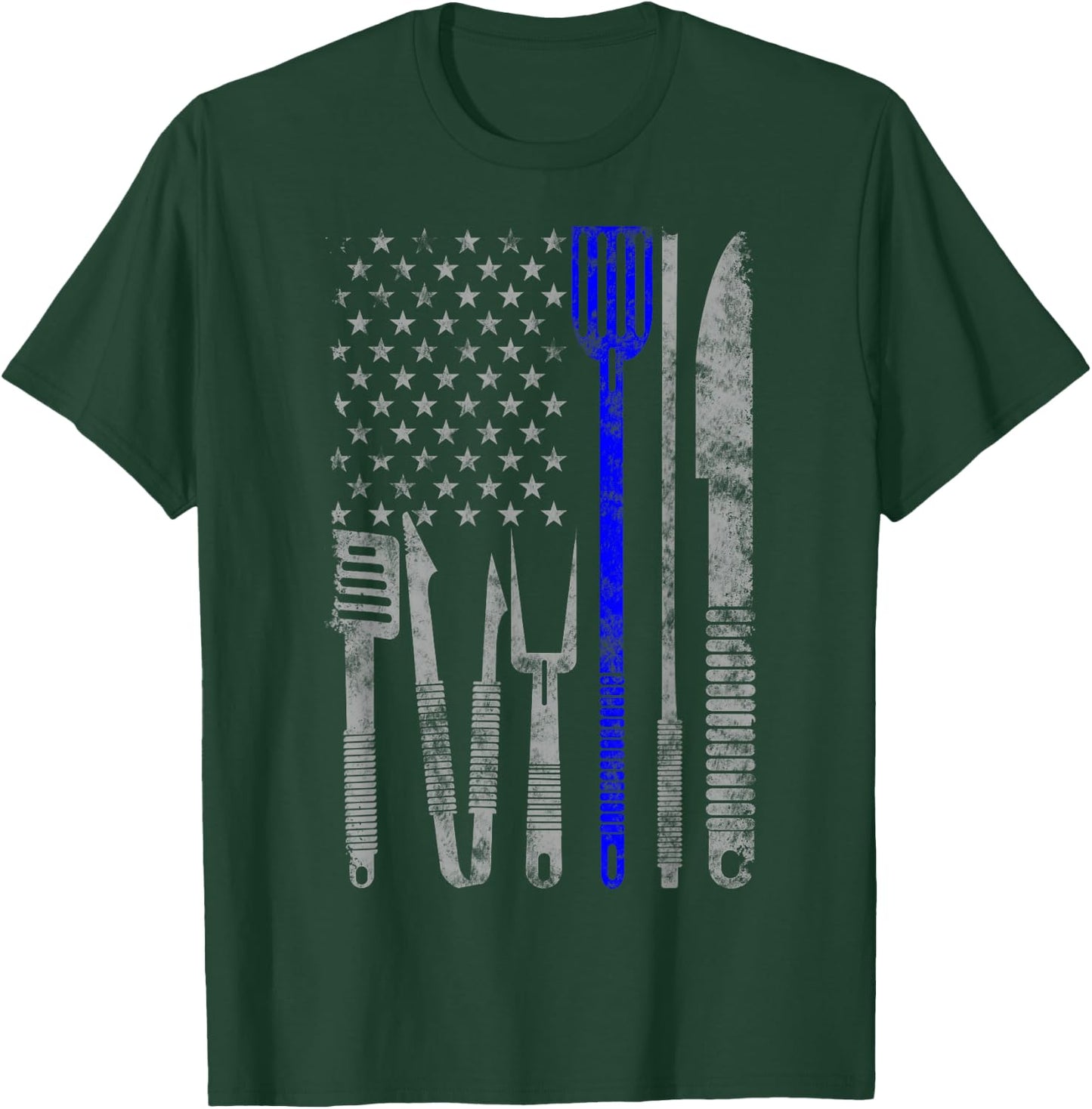 BBQ Grill Thin Blue Line american Flag Gift chef T-Shirt - T-Shirt | Forest
