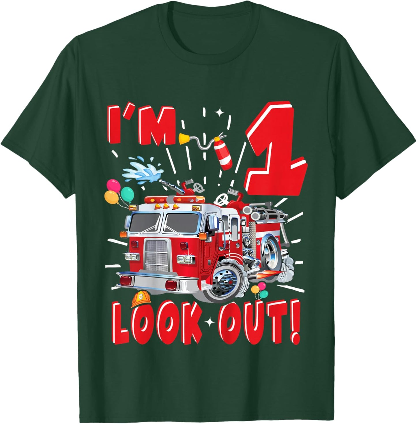 Kids One 1st Birthday Fire Truck Boy 1 Year Old Firefighter T-Shirt - T-Shirt | Forest