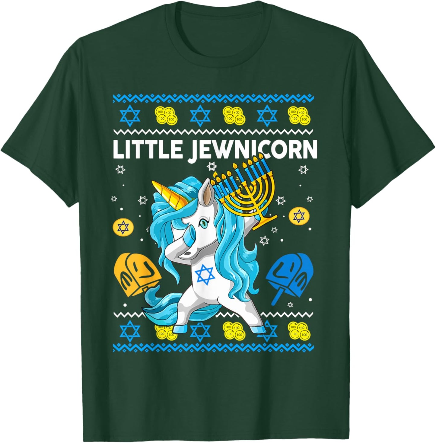 Ugly Hanukkah Sweater Little Jewnicorn Unicorn Toddler Girl T-Shirt - T-Shirt | Forest