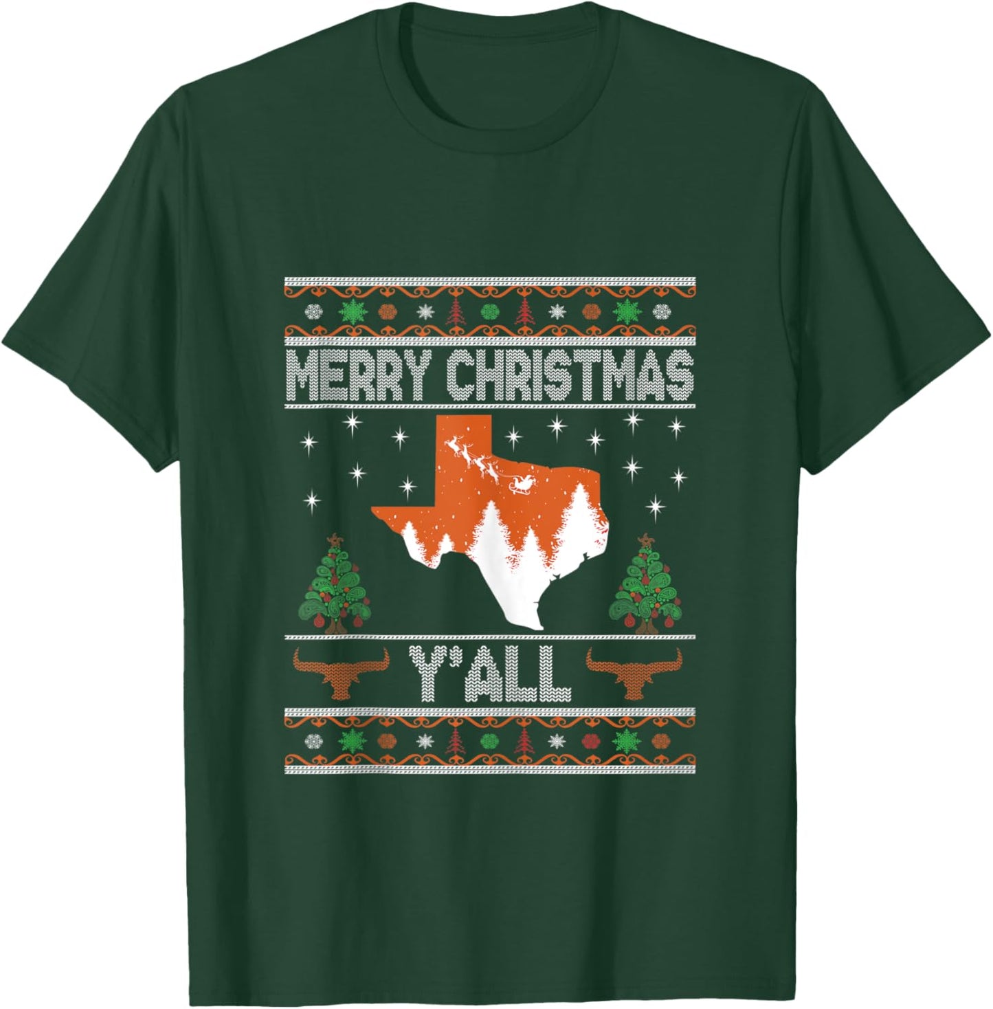 Merry Xmas Y'all Texas Ugly Matching Family Longhorn Sweater T-Shirt - T-Shirt | Forest