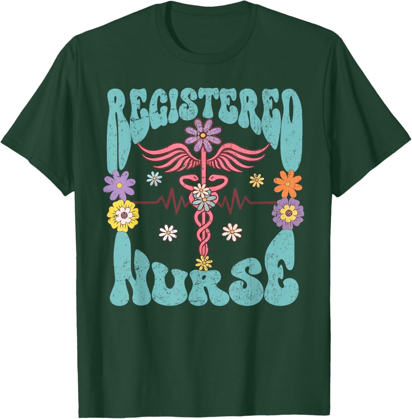 Registered Nurse Retro Groovy Floral RN Nursing Staff Gifts T-Shirt - T-Shirt | Forest