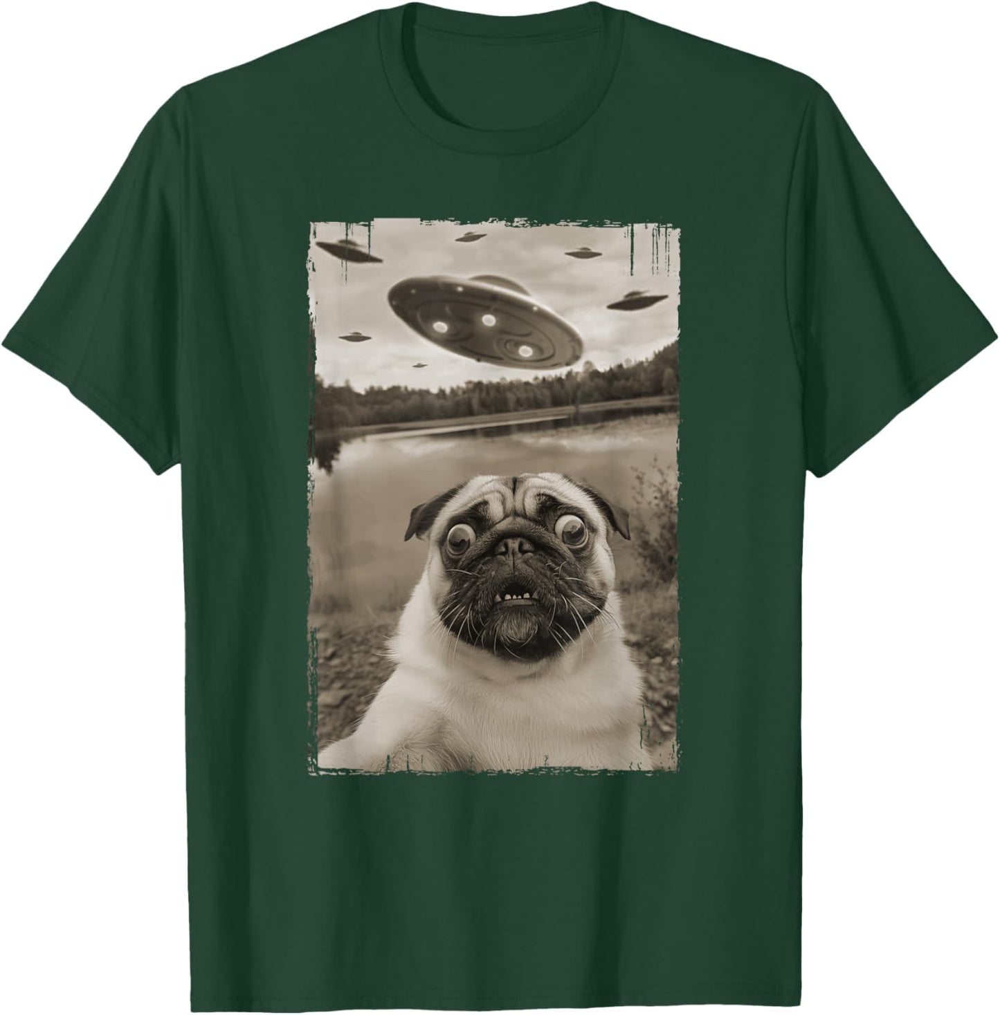 Vintage Pug UFO Encounters - Funny UFO and Pug Selfie T-Shirt - T-Shirt | Forest
