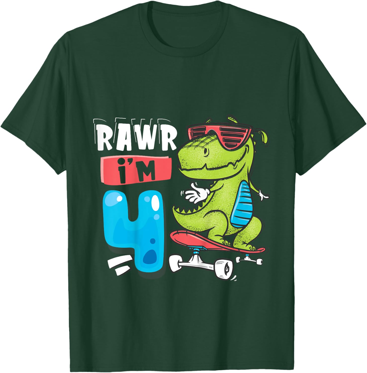 Kids Rawr I'm 4 T Rex Dinosaur Skateboard Boys 4th Birthday Party T-Shirt - T-Shirt | Forest