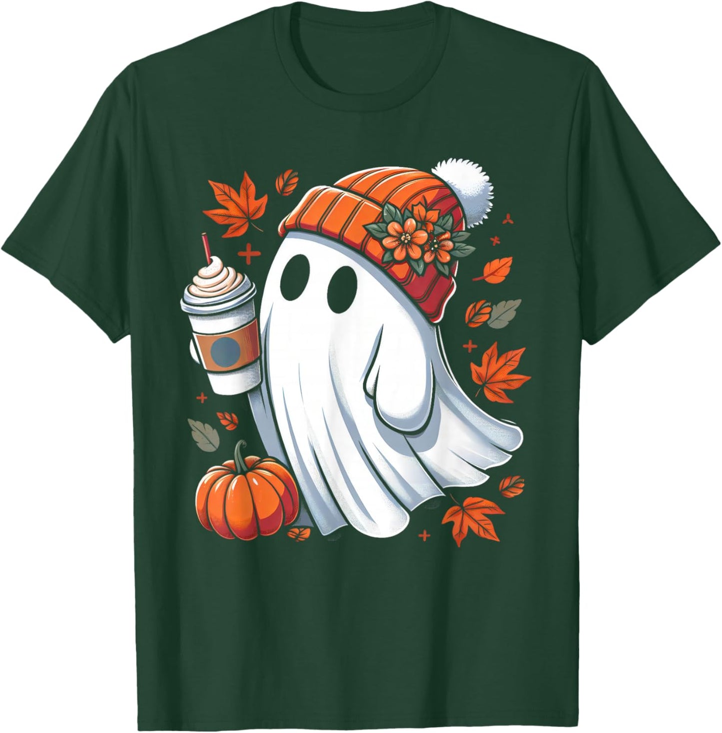 Cute Ghost Drinking Coffee Halloween Ghost Ice Coffee T-Shirt - T-Shirt | Forest