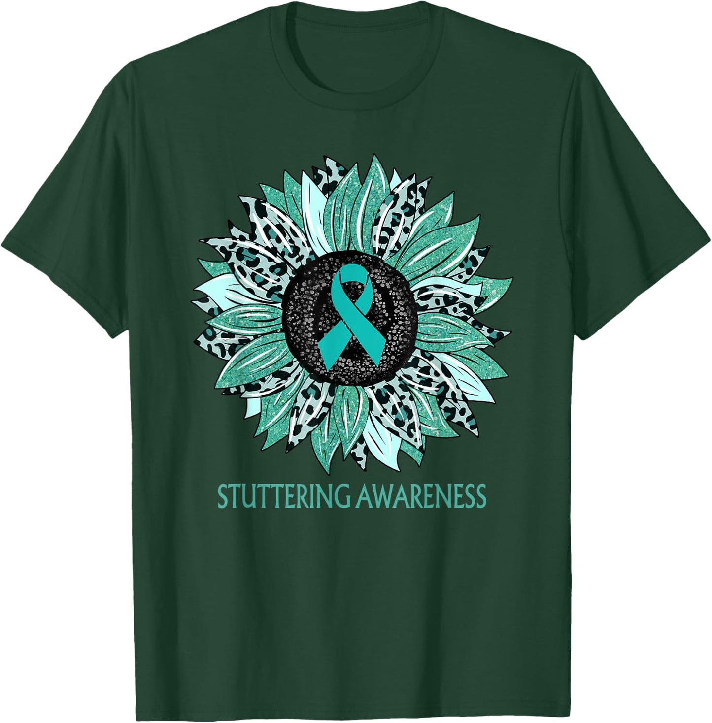 Leopard Sunflower Stuttering Awareness Teal Ribbon T-Shirt - T-Shirt | Forest