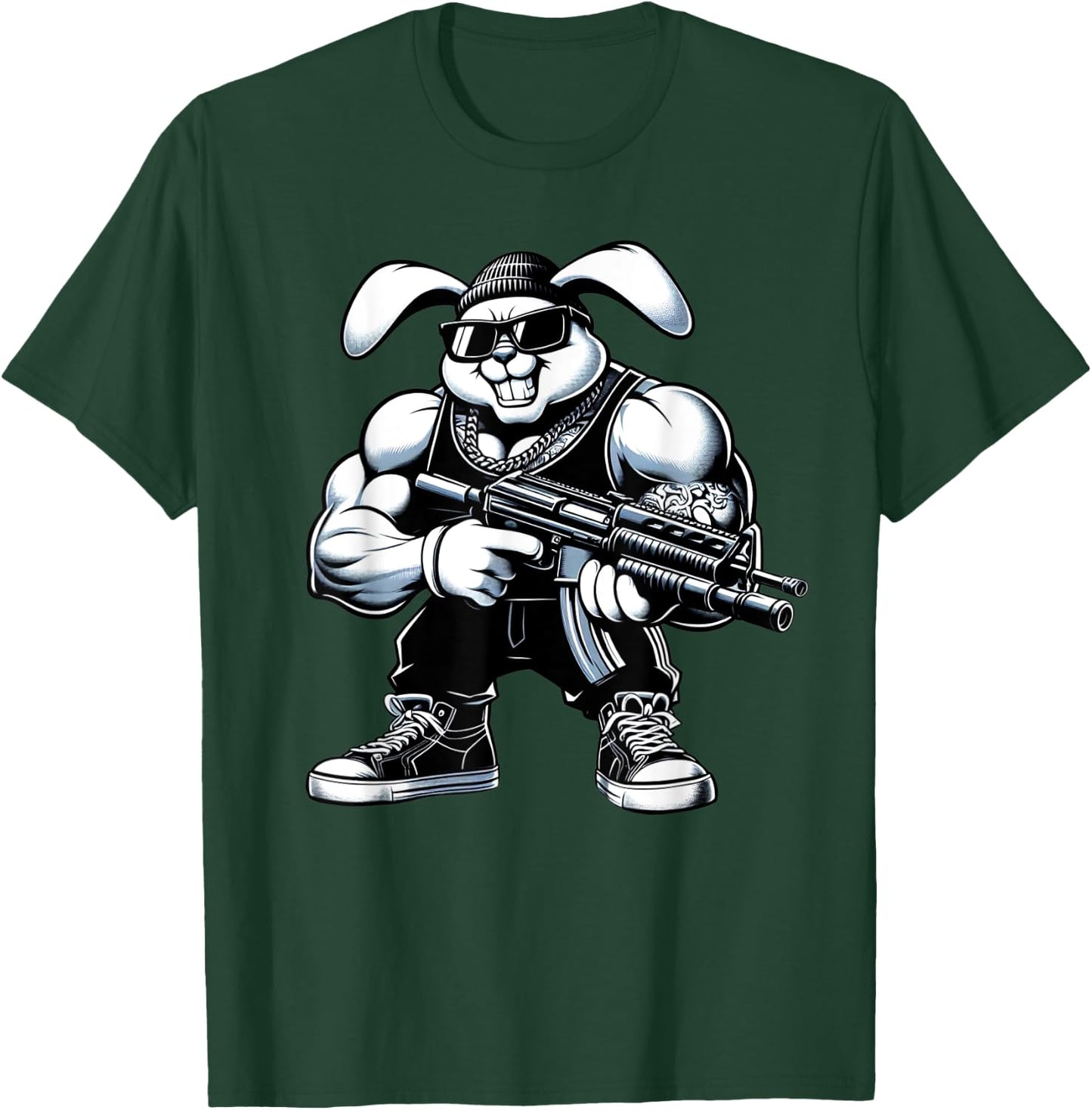 Thug Bunny Holding Gun Muscles Gangster Rabbit Lovers Art T-Shirt - T-Shirt | Forest
