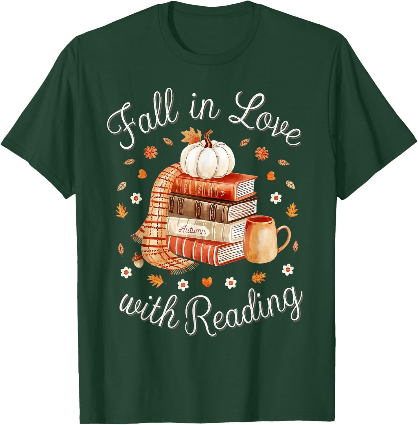Fall In Love With Reading Book Autumn Pumpkins And Teachers T-Shirt - T-Shirt | Forest