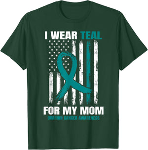 Teal Mom Ovarian Cancer Awareness Products American Flag T-Shirt - T-Shirt | Forest