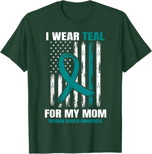 Teal Mom Ovarian Cancer Awareness Products American Flag T-Shirt - T-Shirt | Forest