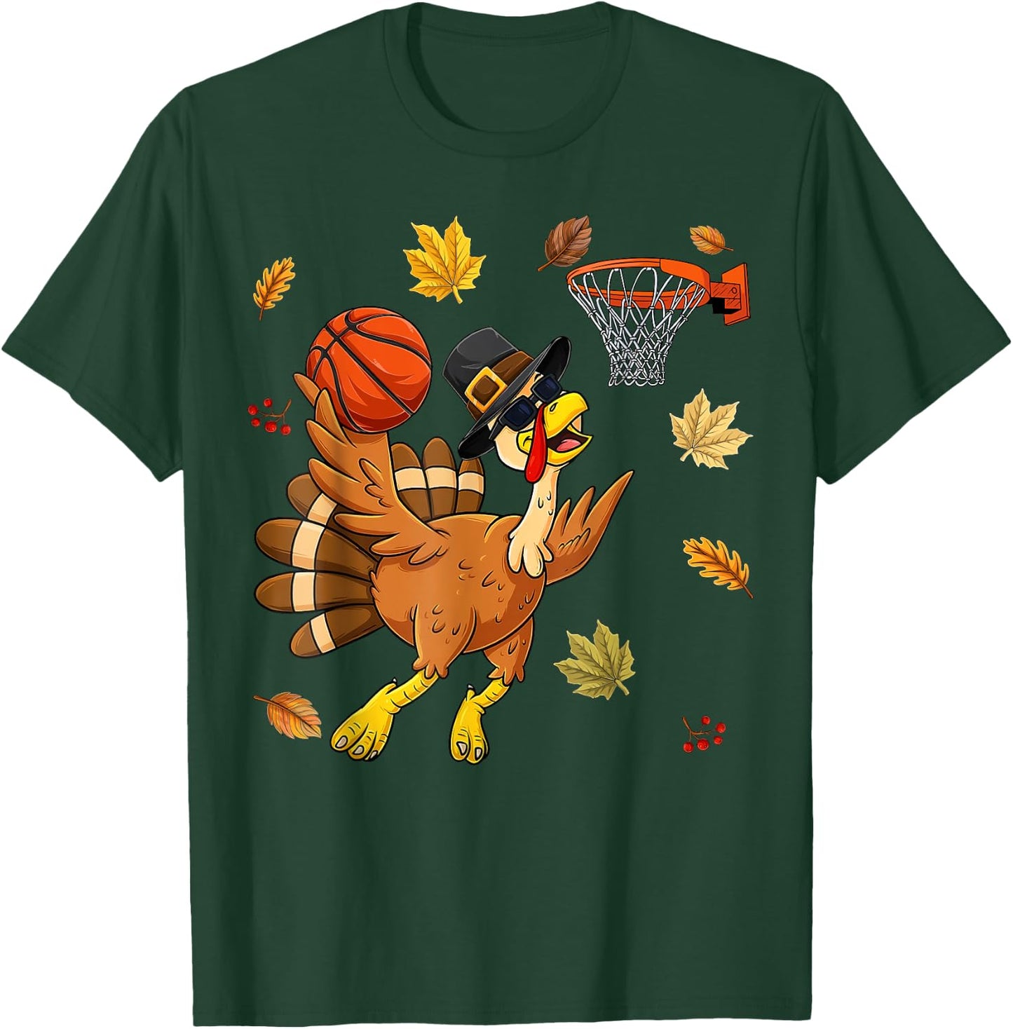 Funny Turkey Playing Basketball Happy Thanksgiving Boys Kids T-Shirt - T-Shirt | Forest