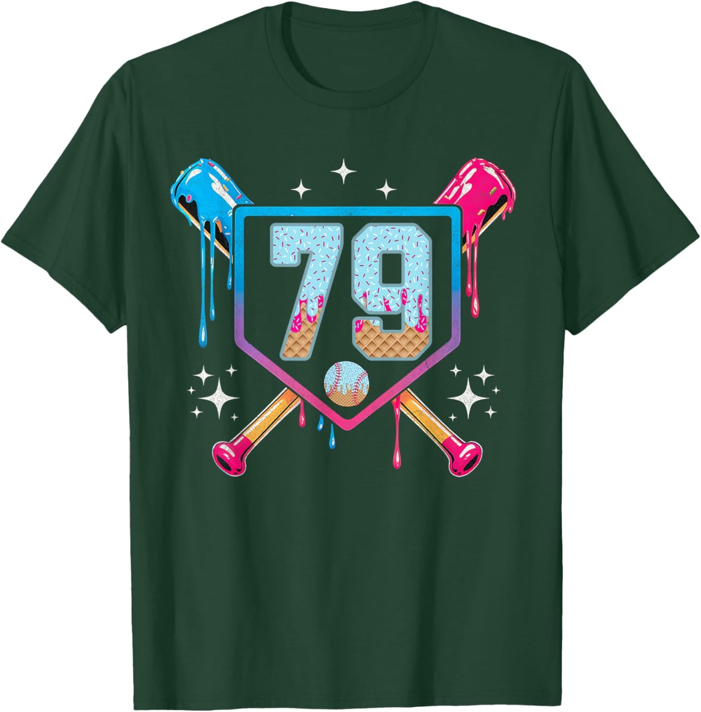 Baseball 79 Year Old Ice Cream Drip 79th Birthday Number 79 T-Shirt - T-Shirt | Forest