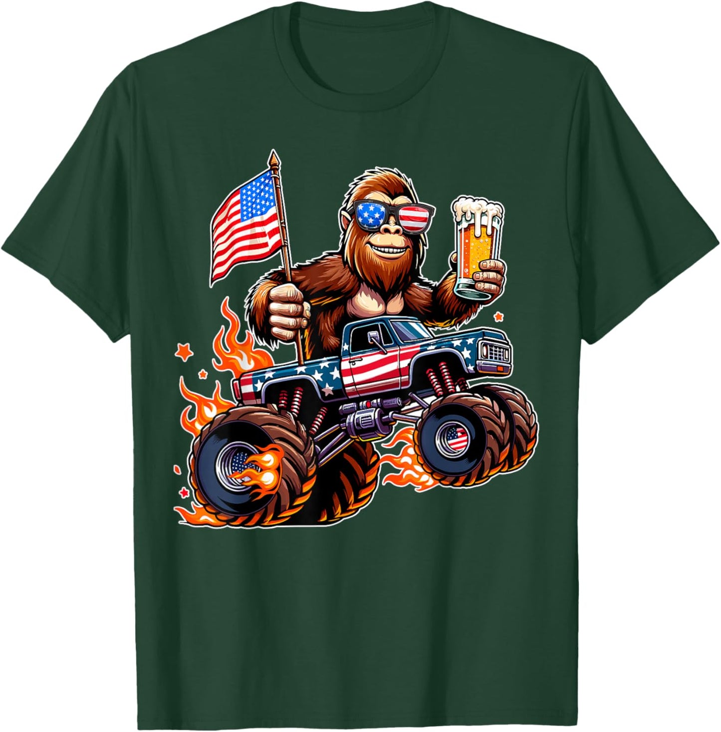 Bigfoot Monster Truck Beer USA Flag 4th of July Sasquatch T-Shirt - T-Shirt | Forest