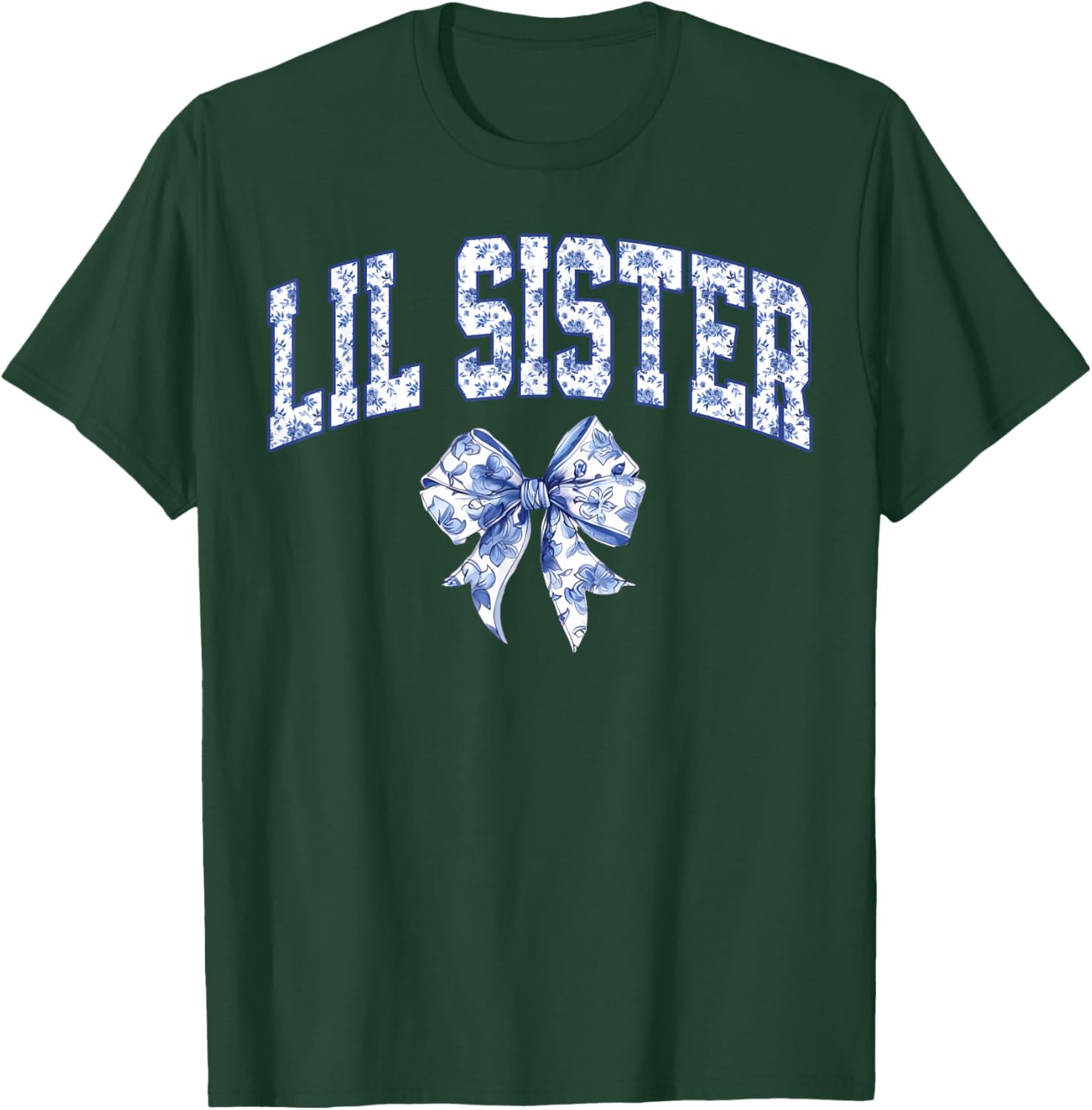 Lil Sister Coquette Toile Blue Bow Floral Family Matching T-Shirt - T-Shirt | Forest