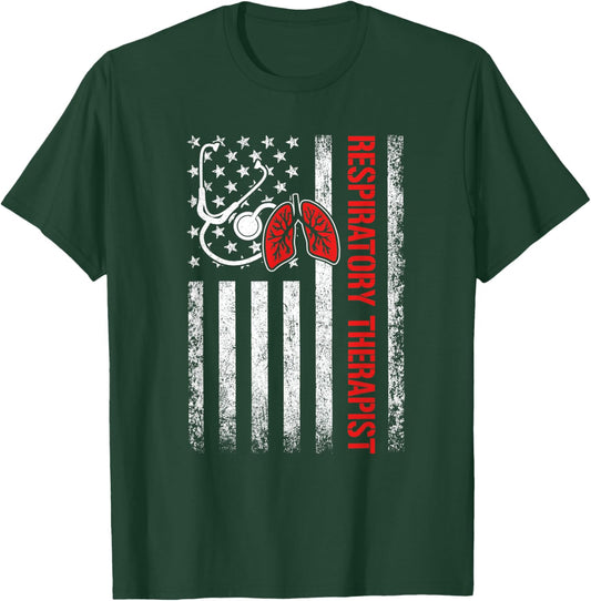 Patriotic Respiratory Therapist Lung RT Care Week Flag Women Men T-Shirt - T-Shirt | Forest