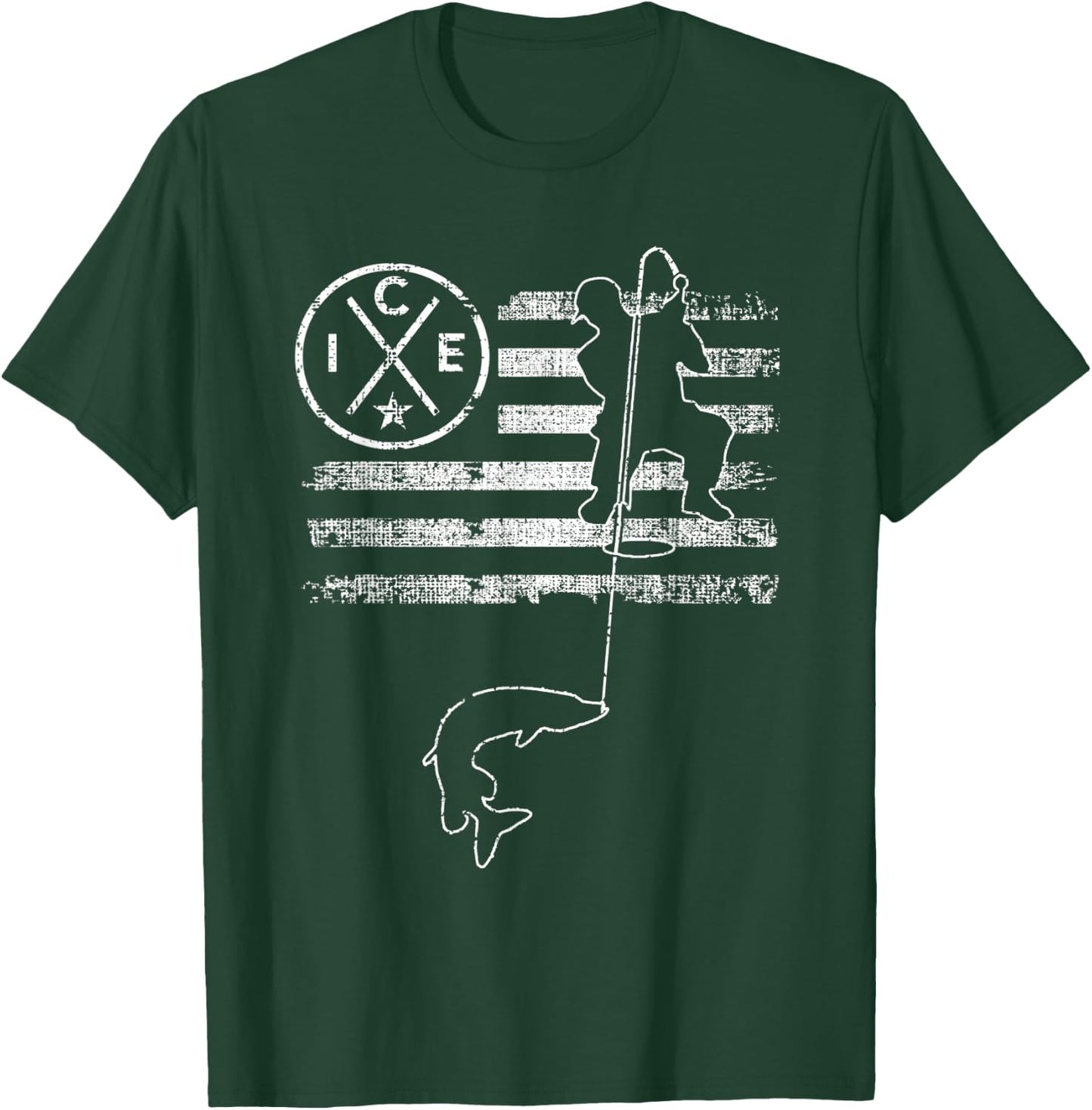 American Flag Ice Fishing Women Kids Men T-Shirt - T-Shirt | Forest