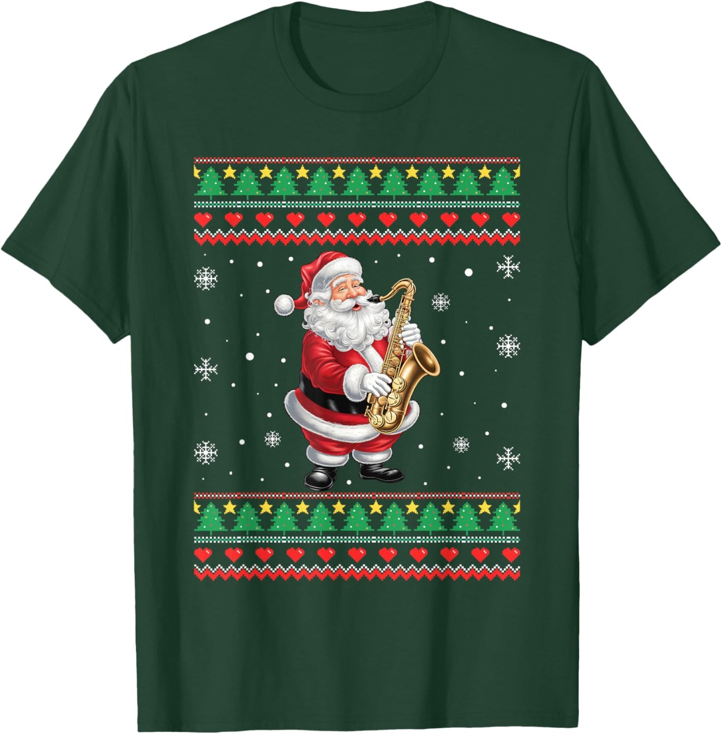 Funny Christmas Santa Saxophone Musician Ugly Xmas Men Women T-Shirt - T-Shirt | Forest