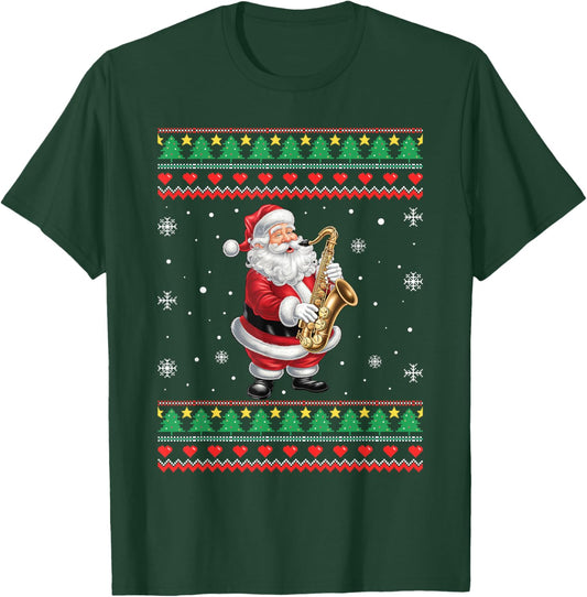 Funny Christmas Santa Saxophone Musician Ugly Xmas Men Women T-Shirt - T-Shirt | Forest