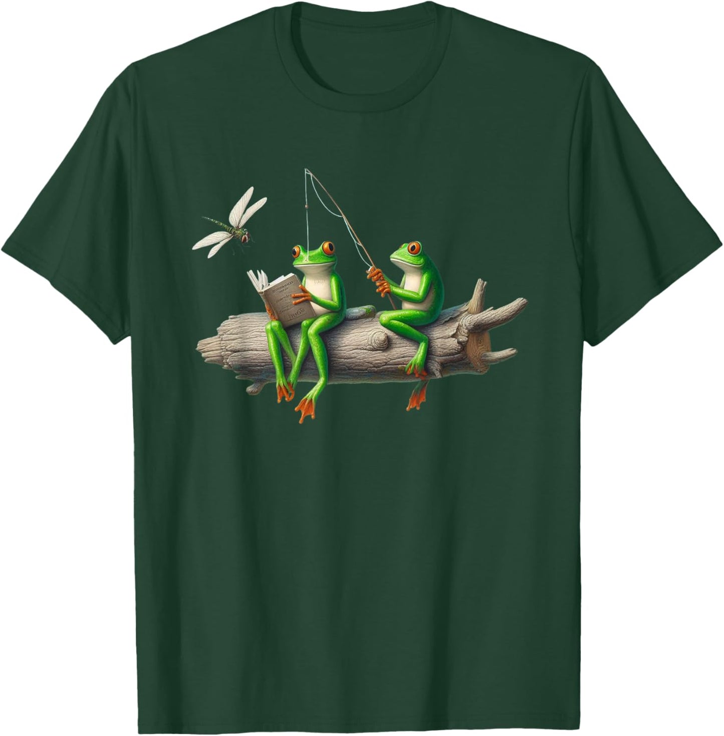 Four Legs Frog on a log Frog Fishing Dragonfly Reading Book T-Shirt - T-Shirt | Forest