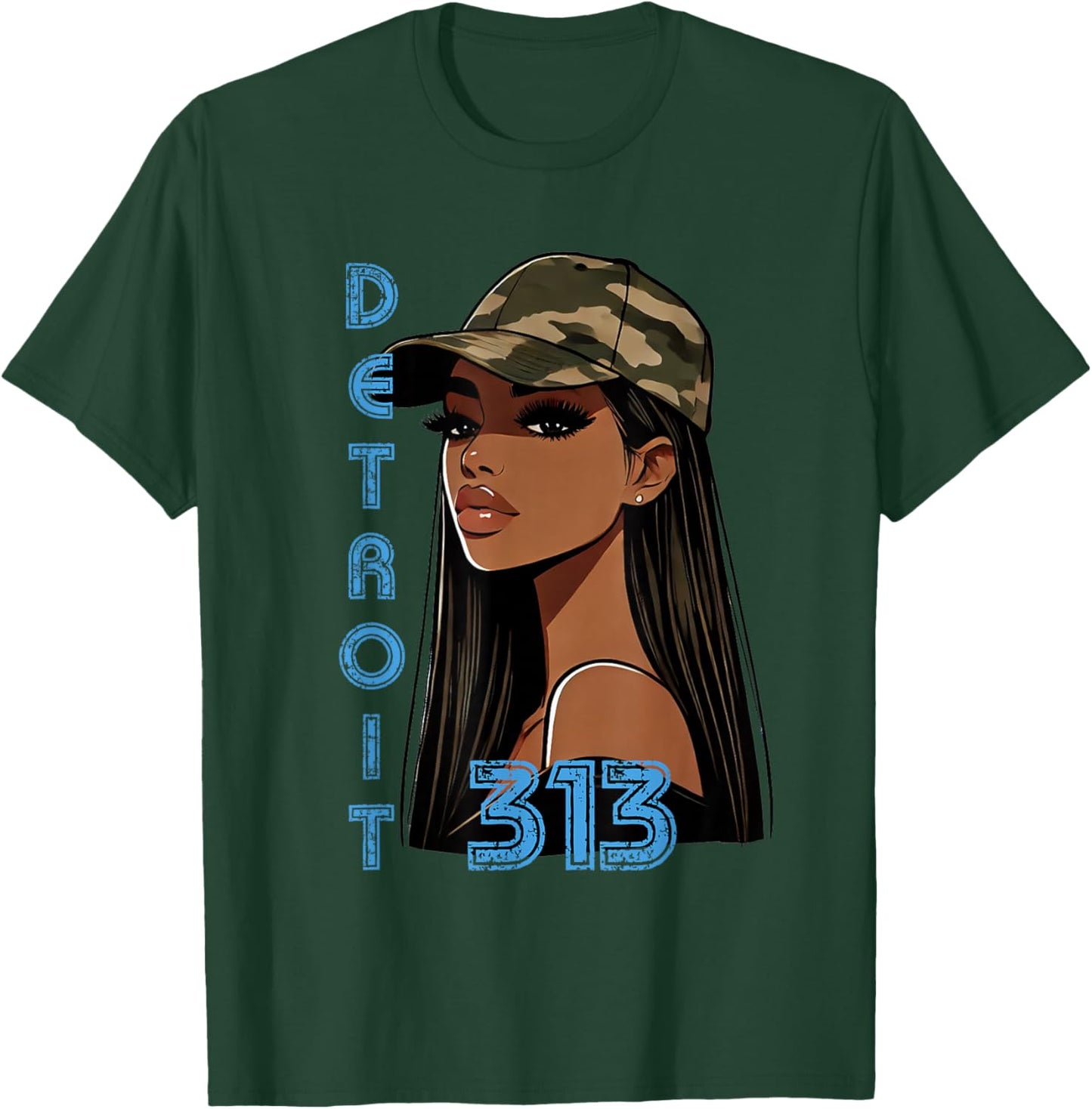 Detroit 313 Black Woman Camo Hat Hometown T-Shirt - T-Shirt | Forest