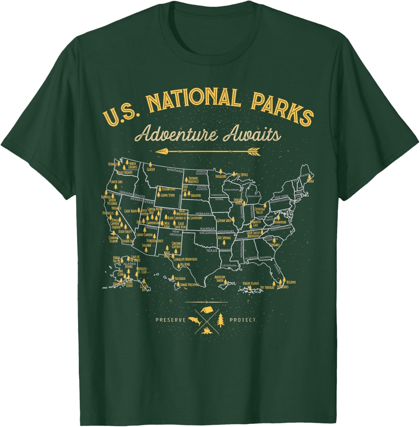 62 National Parks Map Gifts US Park Vintage Camping Hiking T-Shirt - T-Shirt | Forest